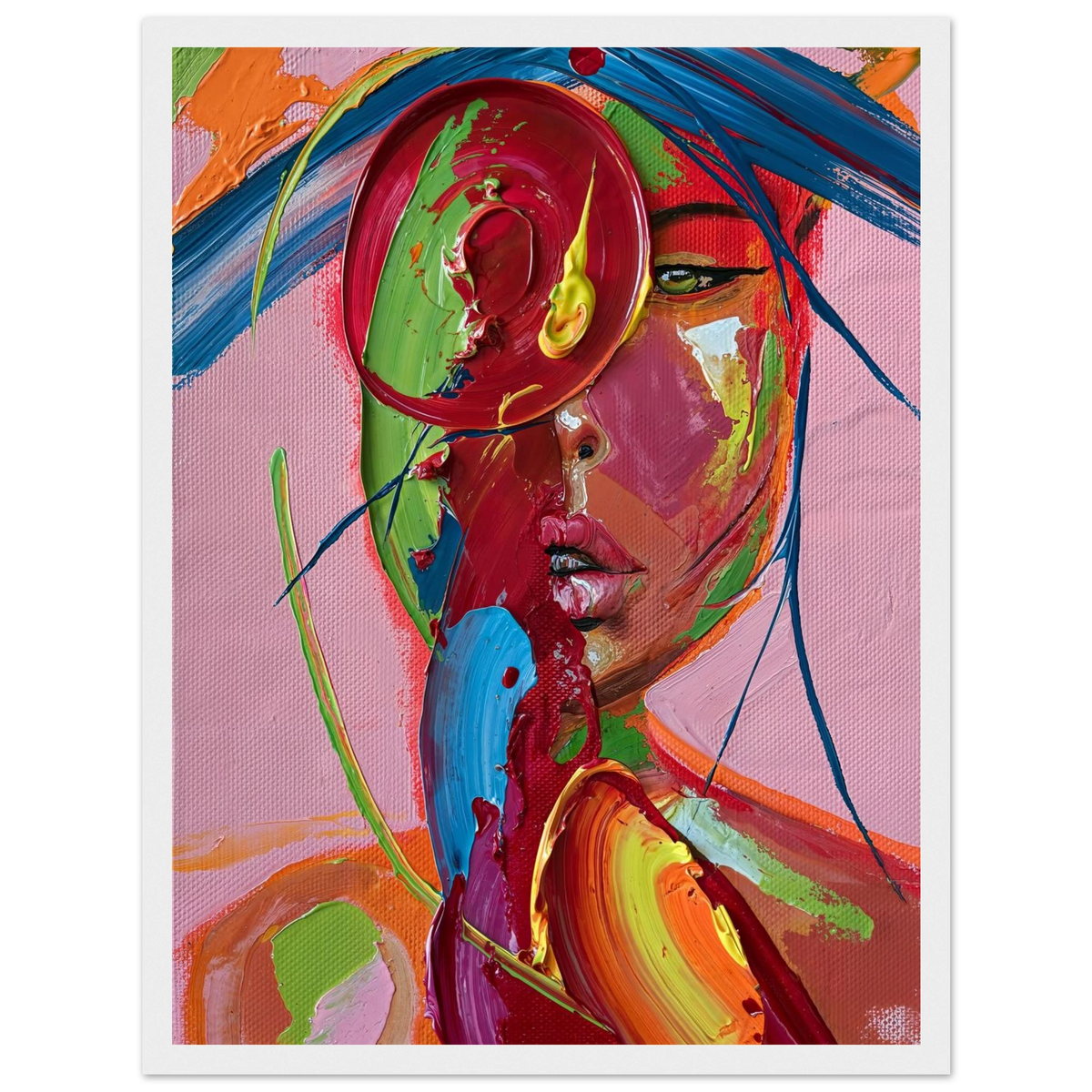 Colorful abstract woman portrait in red, blue, green and orange palette knife strokes, framed 12x16 art print