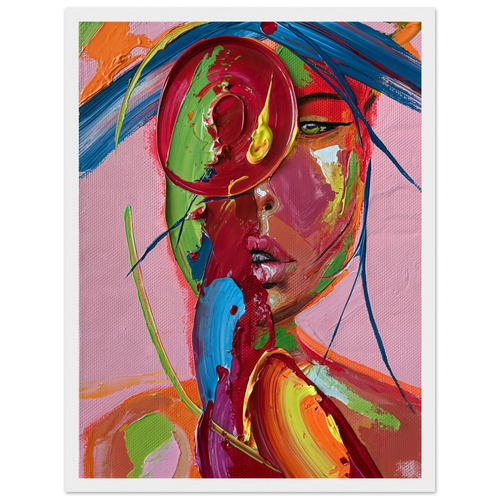 Colorful abstract woman portrait in red, blue, green and orange palette knife strokes, framed 12x16 art print