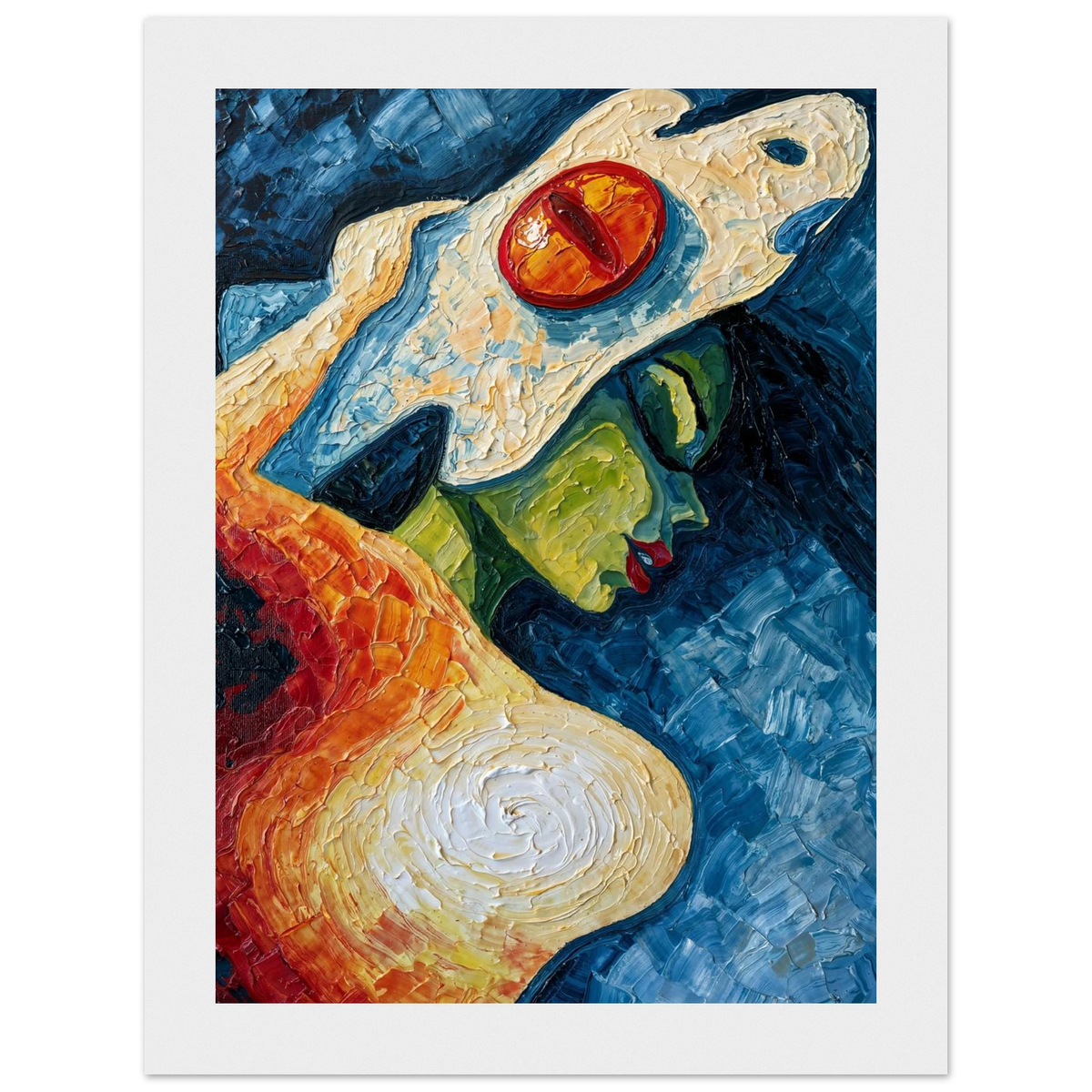 Abstract woman portrait in midnight blue and molten orange, expressionist fine art framed print by Andrea Duarte