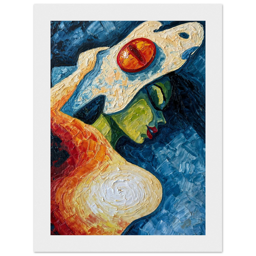 Abstract woman portrait in midnight blue and molten orange, expressionist fine art framed print by Andrea Duarte