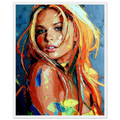 Blonde, Turning - abstract palette knife portrait of a blonde woman in orange, yellow and blue, framed art print
