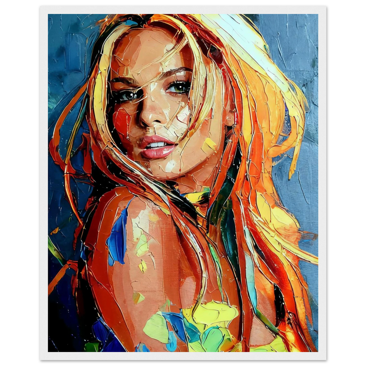 Blonde, Turning - abstract palette knife portrait of a blonde woman in orange, yellow and blue, framed art print