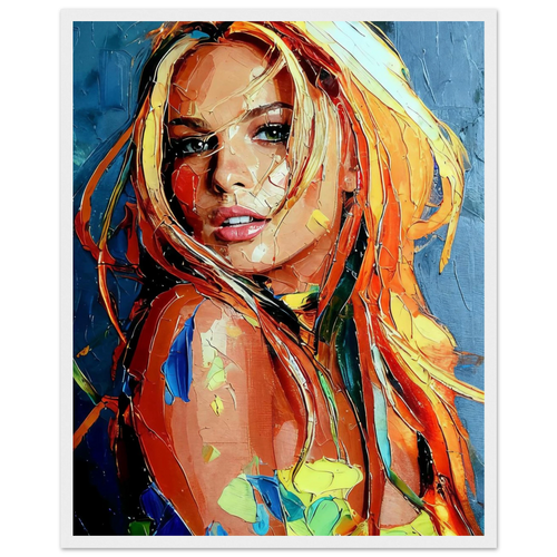 Blonde, Turning - abstract palette knife portrait of a blonde woman in orange, yellow and blue, framed art print
