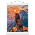 The Announcement - palette knife painting of a lion roaring at the sunrise from a mountain peak in orange and blue