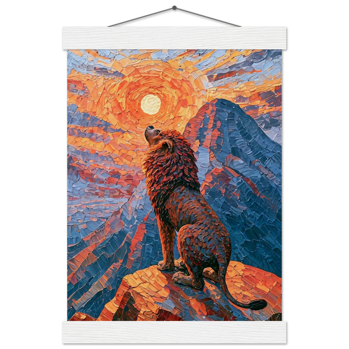 The Announcement - palette knife painting of a lion roaring at the sunrise from a mountain peak in orange and blue