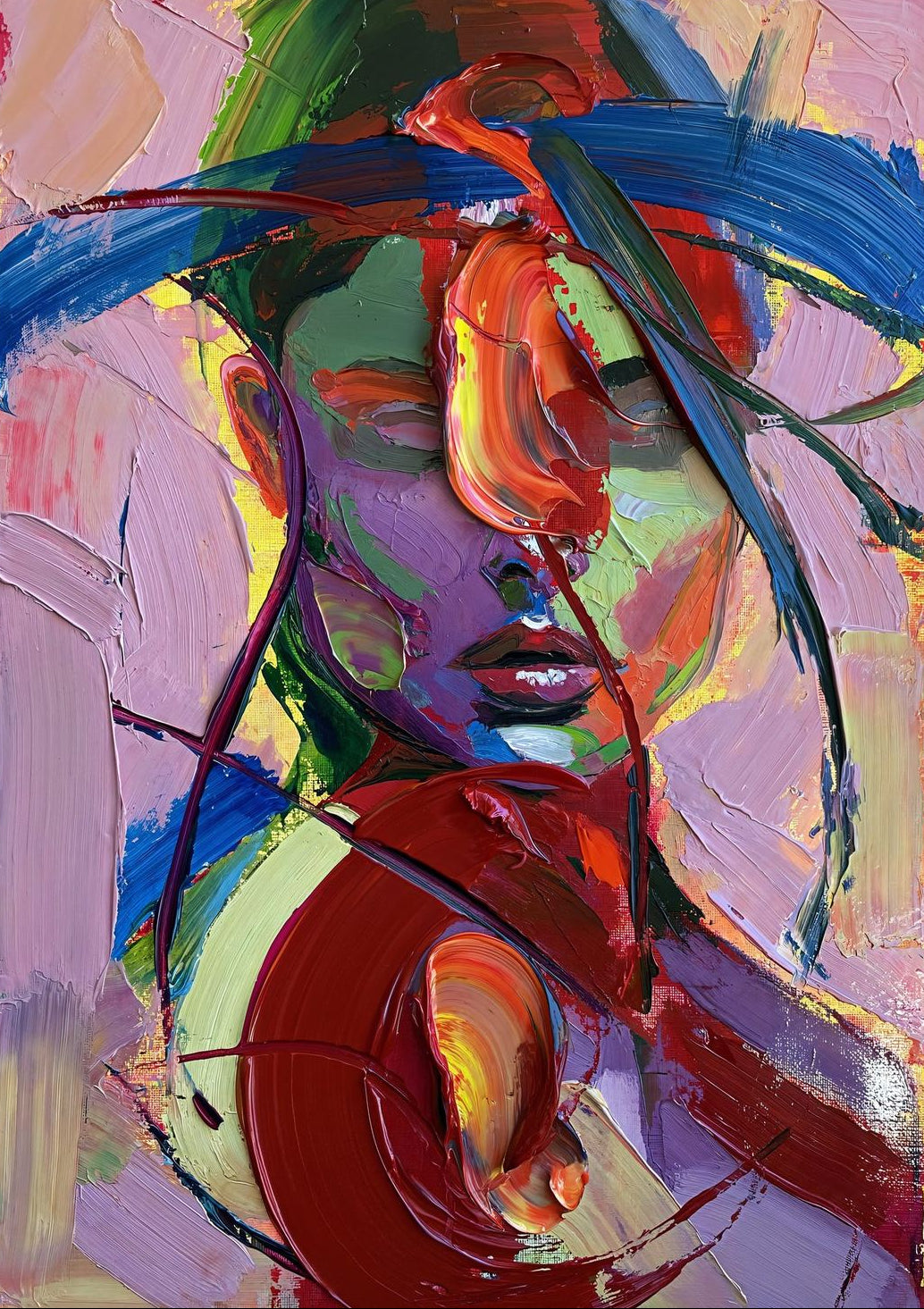 Blue Ribbon - abstract woman portrait with a blue brushstroke across the eyes, palette knife art print