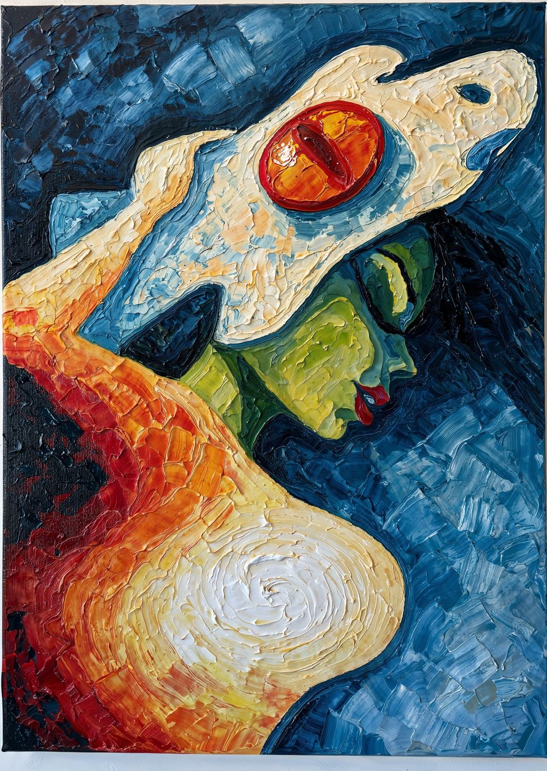 Creature, Again - pale creature on deep blue with heavy impasto palette knife texture, art print by Andrea Duarte