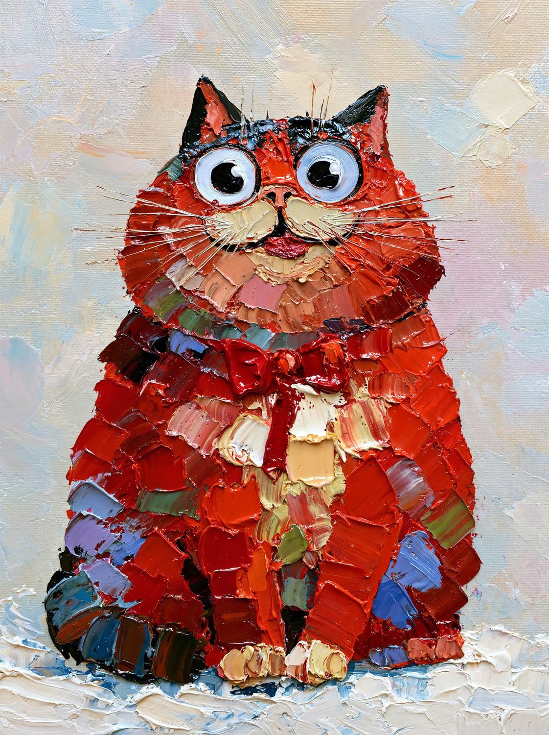 Small Red Emperor - round red cat painted in thick palette knife strokes, colorful animal art print