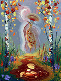 The Clearing - autumn birch trees around a dark pool painted in thick impasto strokes, landscape art print