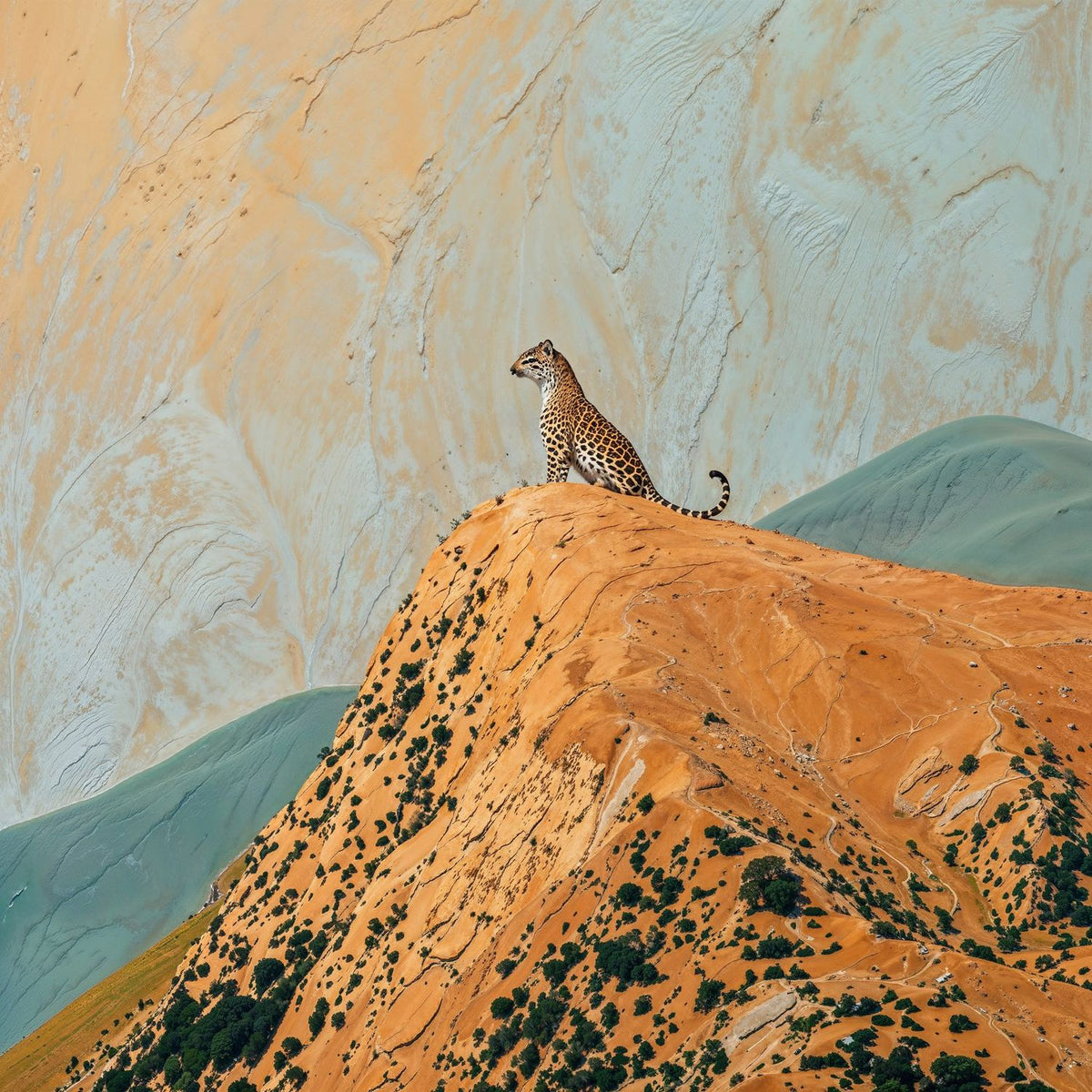 The Long View - palette knife painting of a leopard alone at the top of a textured ochre hill under a wide empty sky
