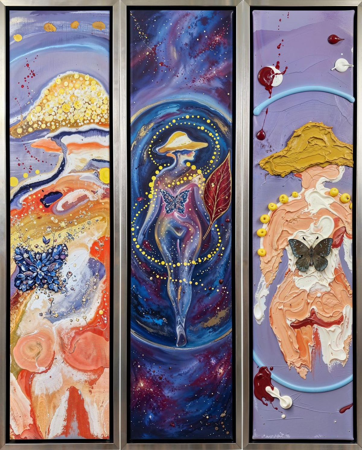 Three Wishes by Andrea Duarte — three-panel abstract figurative triptych in warm colour